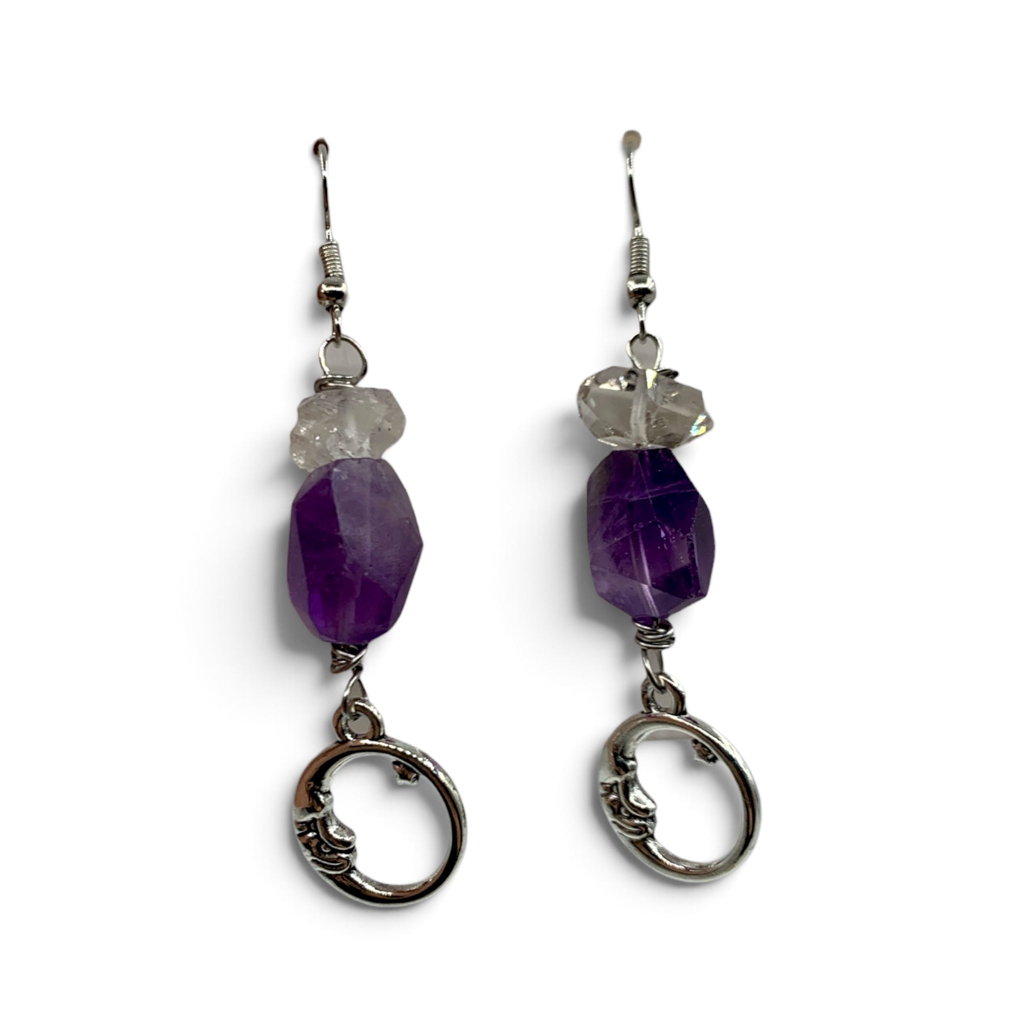 Earrings - Amethyst & Herkimer Diamond with Moon Charm